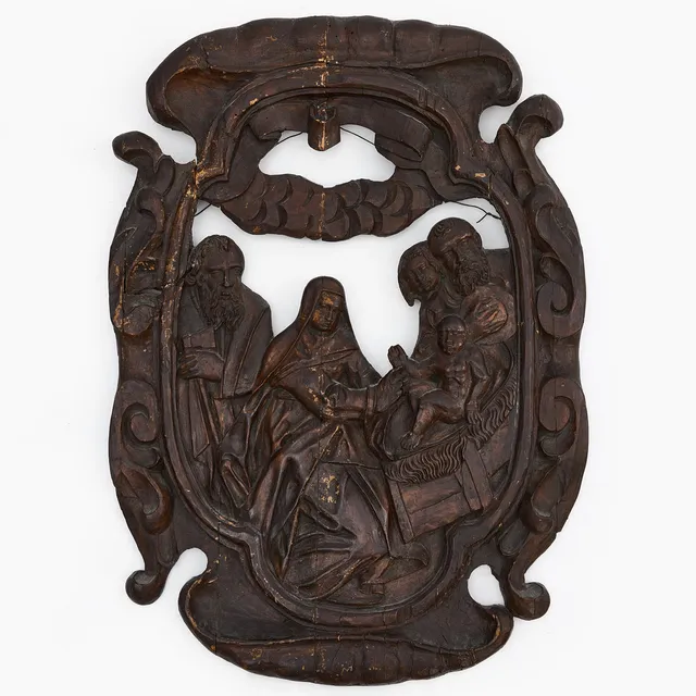 RELIEF, den heliga familjen, skuret trä, 1800-tal.