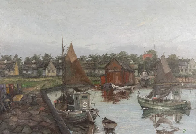 JENS SINDING CHRISTENSEN. olja på duk, hamnmotiv, monogramsignerad.
