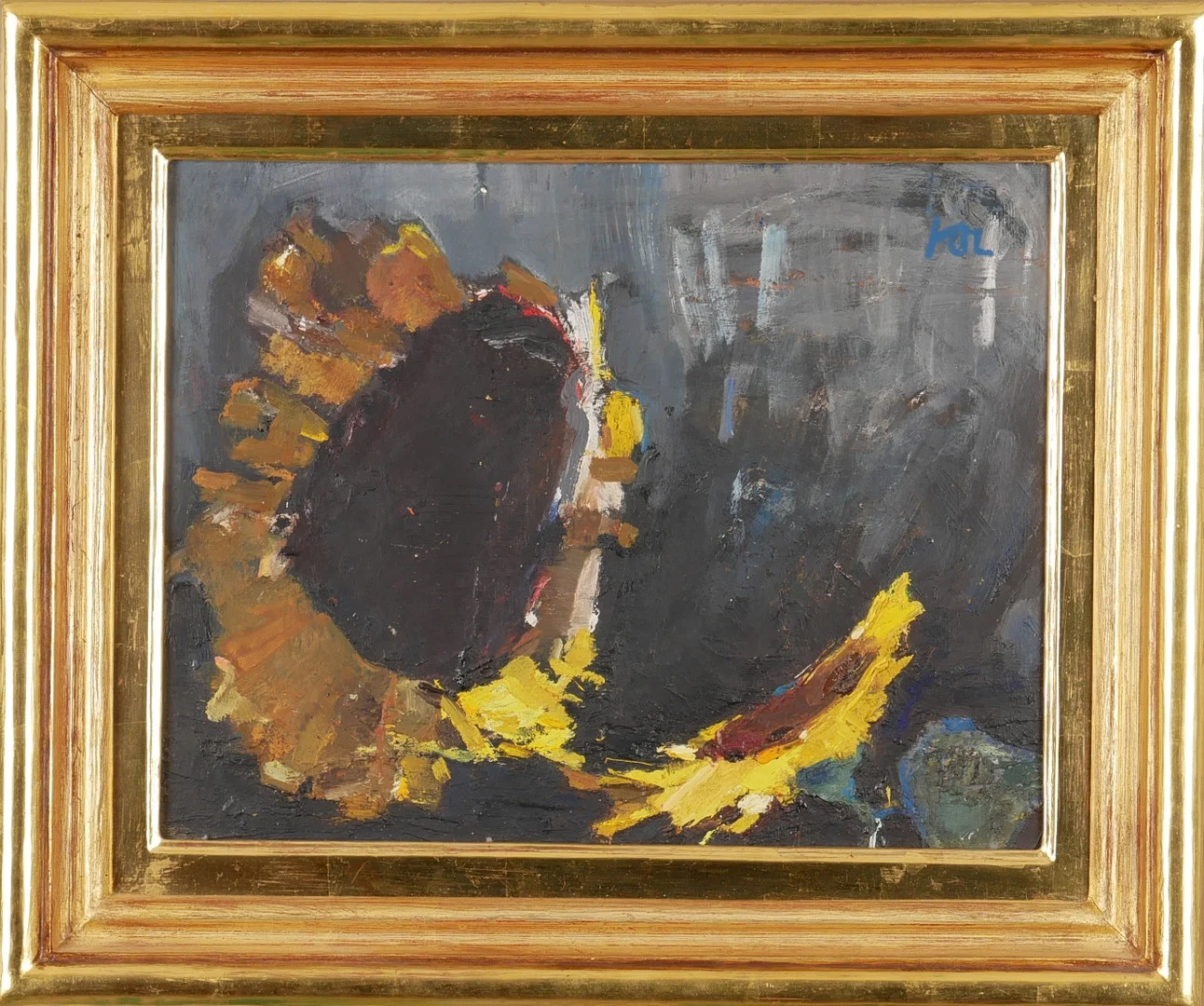 HANS OSVALD LARSSON. "Solrosor", olja på pannå, signerad HOL. — Paintings — Auktionsfirma Kenneth Svensson i Kalmar