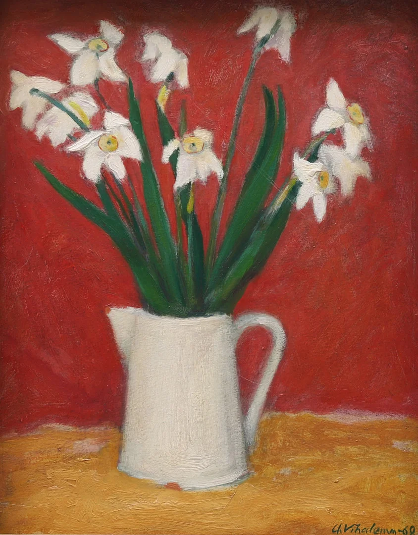 ARNO VIHALEMM (ESTLAND 1911-1990). "Födelsedagsblommor i mormors mjölkakanna", signerad och daterad 1969. — Paintings — Crafoord Auktioner Malmö