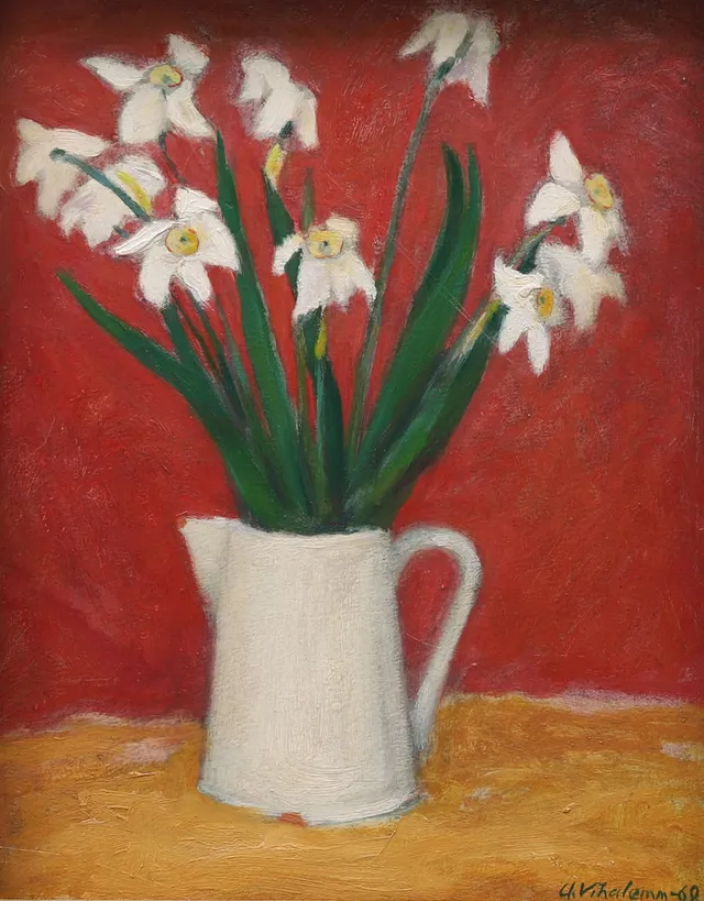 ARNO VIHALEMM (ESTLAND 1911-1990). "Födelsedagsblommor i mormors mjölkakanna", signerad och daterad 1969.