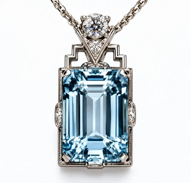 Antik Art Déco Anhänger mit Kette 585 Gold, Aquamarin 20.00ct.