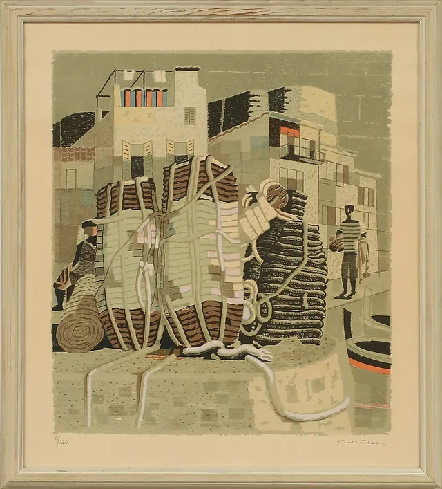 AXEL OLSON. Färglitografi. Hamnmotiv. 817/60. Signerad Axel Olson.