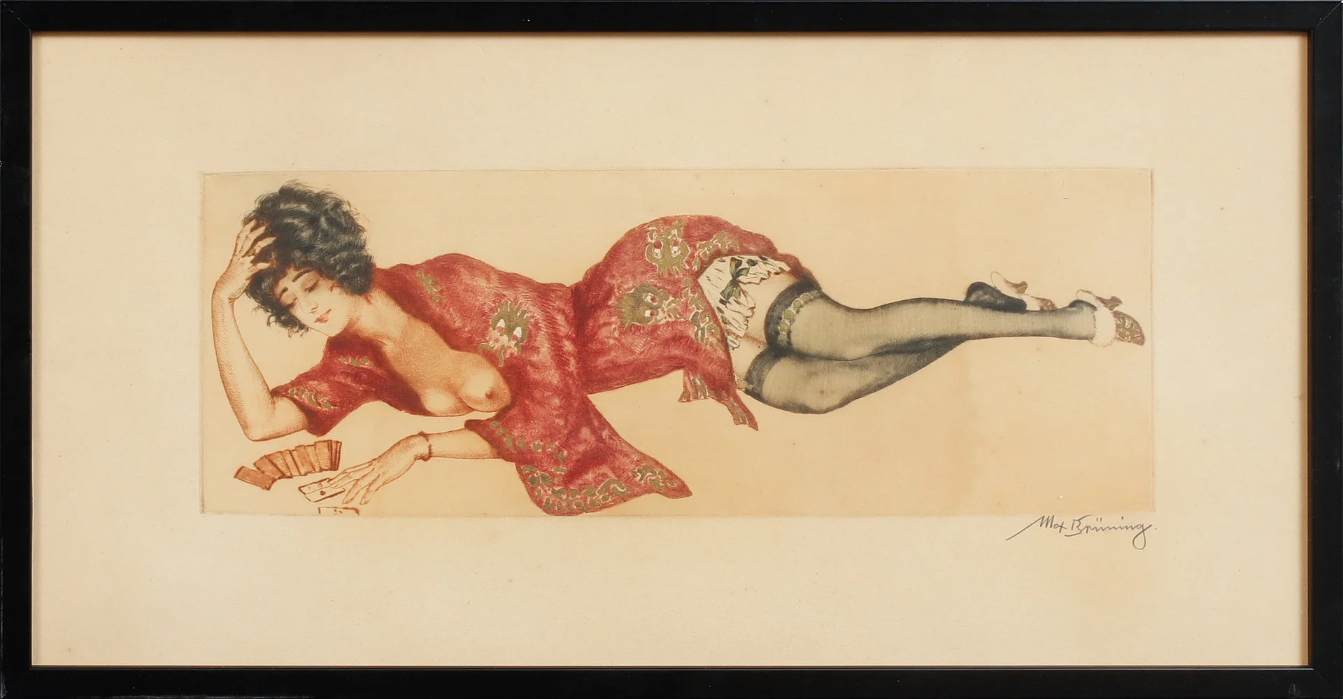 MAX BRÜNING. Kvinna med kort, kolorerad etsning, signerad. — Engravings & Prints — Göteborgs Auktionsverk