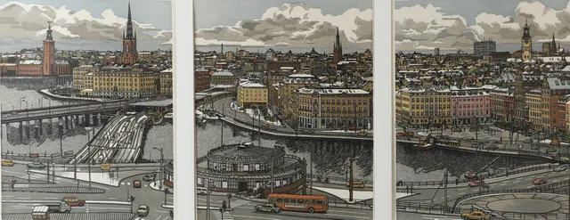 SVEN OLOF EHRÉN. Utiskt från Slussen mot Gamla Stan, triptyk, färglitografi, signerade och numrerade.