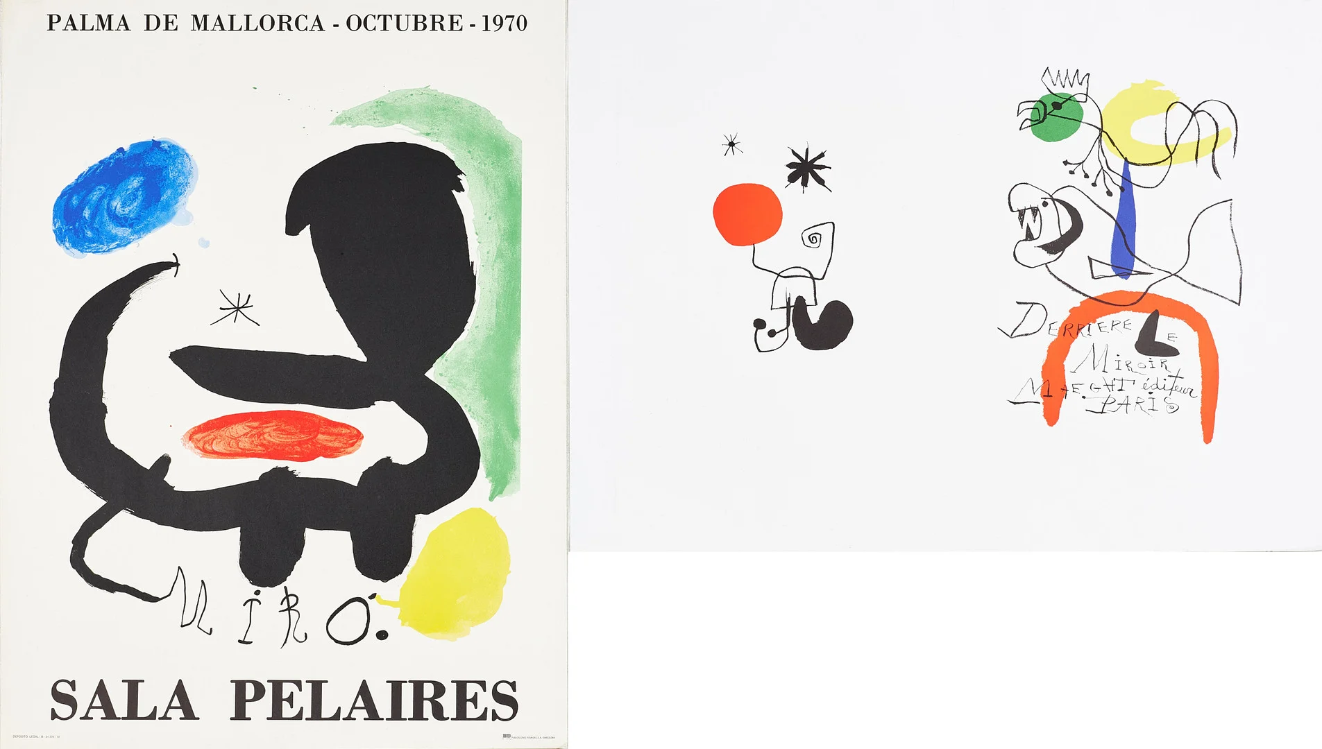 JOAN MIRÓ. färglitografiska affischer, 2 st, "Sala Pelaires", Palma de Mallorca - Octubre -1970, samt DLM, Maeght editeur Paris. — Engravings & Prints — Stockholms Auktionsverk Sickla