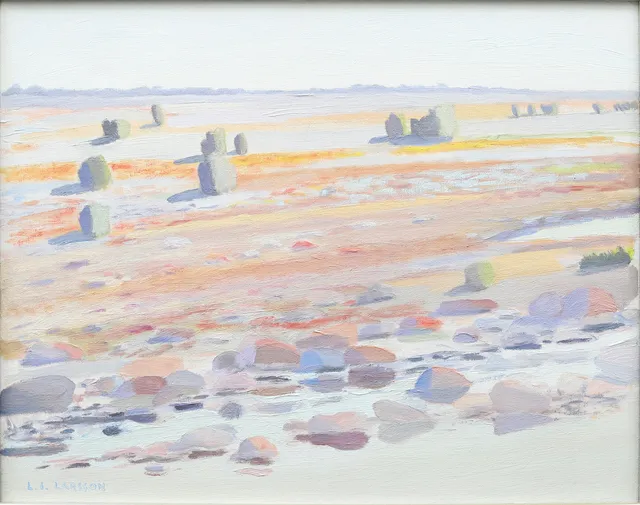 OIDENTIFIERAD KONSTNÄR. "Stenar vid vatten, Öland", olja på duk, signerad L I Larsson.