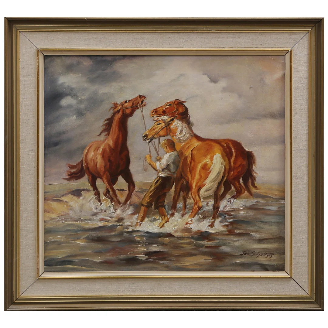 JOSEF SCHOTT (f. 1915) "HÄSTAR" OLJA PÅ DUK, SIGNERAD, DATERAD 1959. — Paintings — Auktionskammaren Sydost Kalmar