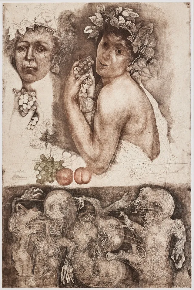 JIRI ANDERLE. "Carpe diem, carpe noctem III. Bacchino d'apres Caravaggio" (Bacchino malato). Mezzotint and drypoint in colours, 1983, on Van Gelder Zonen wove paper, signed in pencil and numbered 49/70.