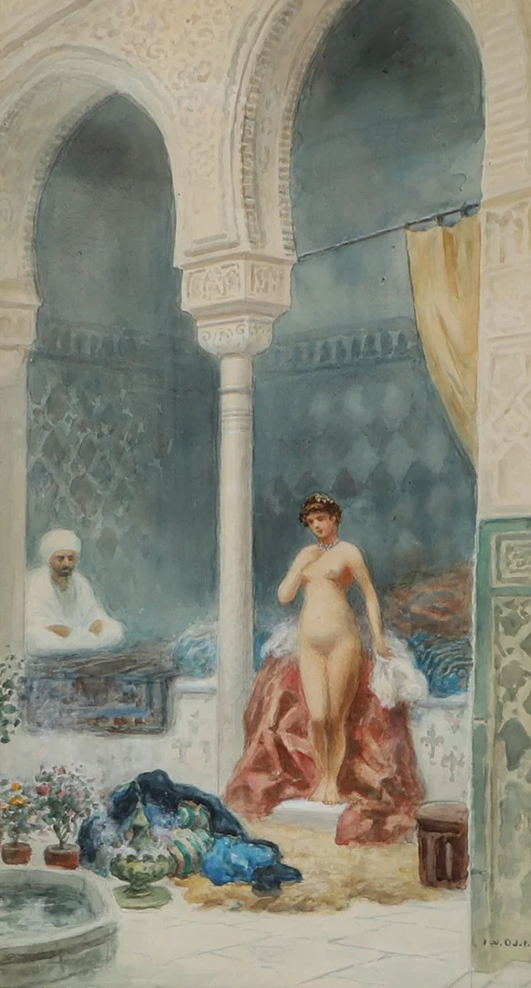 FRANS WILHELM ODELMARK. Naken kvinna i orientalisk miljö, akvarell, signerad F.W. Odelmark. — Paintings — Helsingborgs Auktionskammare