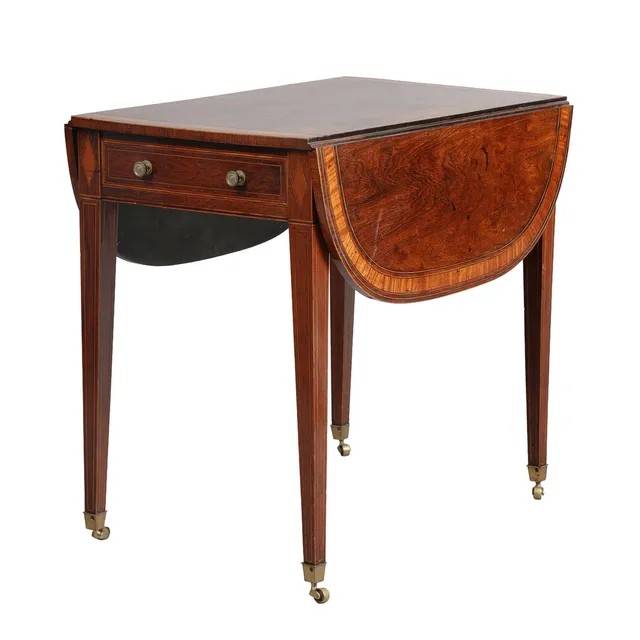 A REGENCY ROSEWOOD AND BOXWOOD INLAID PEMBROKE TABLE.