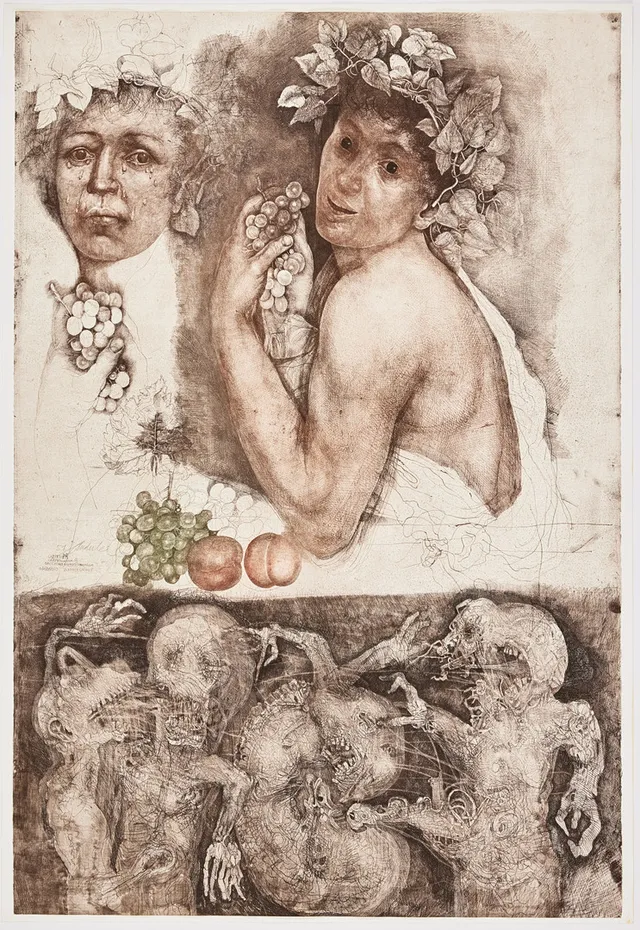 JIRI ANDERLE. "Carpe diem, carpe noctem III. Bacchino d'apres Caravaggio" (Bacchino malato). Mezzotint and drypoint in colours, 1983, on Van Gelder Zonen wove paper, signed in pencil and numbered 51/70.