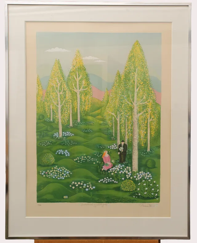 MARION BELIN. Handkolorerad färglitografi, "vår" numrerad 18/390.