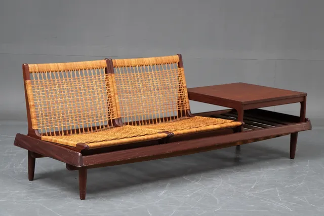 Hans Olsen. Multifunctional teak furniture with wicker, Model 161 'TV Sofa' (4)