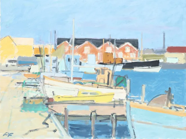 PER FLEMMING (F. 1940). Komposition med havnemotiv, olie på lærred, signeret og dateret 1995.