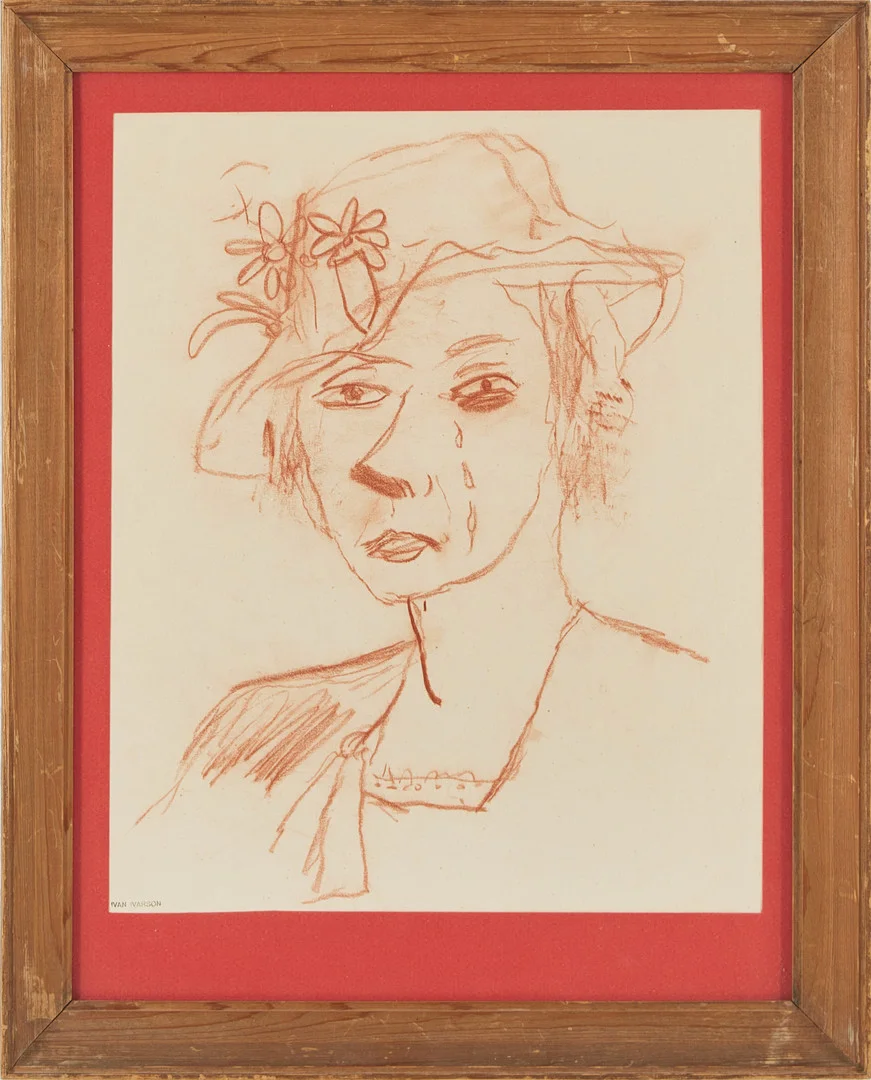 IVAN IVARSON. "Sorgsen kvinna i hatt", rödkrita på papper, stämpelsignerad. — Paintings — Stockholms Auktionsverk Magasin 5