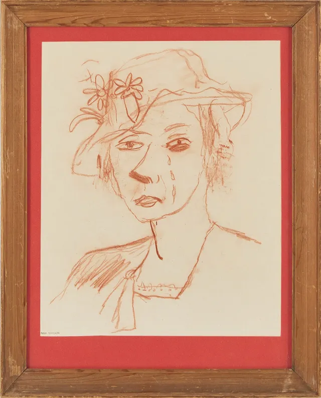 IVAN IVARSON. "Sorgsen kvinna i hatt", rödkrita på papper, stämpelsignerad.