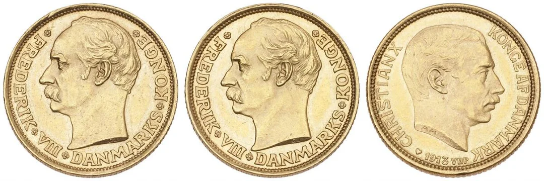 Frederik VIII, 10 kr 1908–1909 VBP, H 2, F 298, and Christian X, 10 kr 1913 VBP, H 2, F 300, in total 3 pcs — Coins, Medals & Banknotes/Denmark/Frederik VIII, 1906–1912 — Bruun Rasmussen