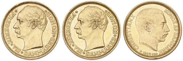 Frederik VIII, 10 kr 1908–1909 VBP, H 2, F 298, and Christian X, 10 kr 1913 VBP, H 2, F 300, in total 3 pcs