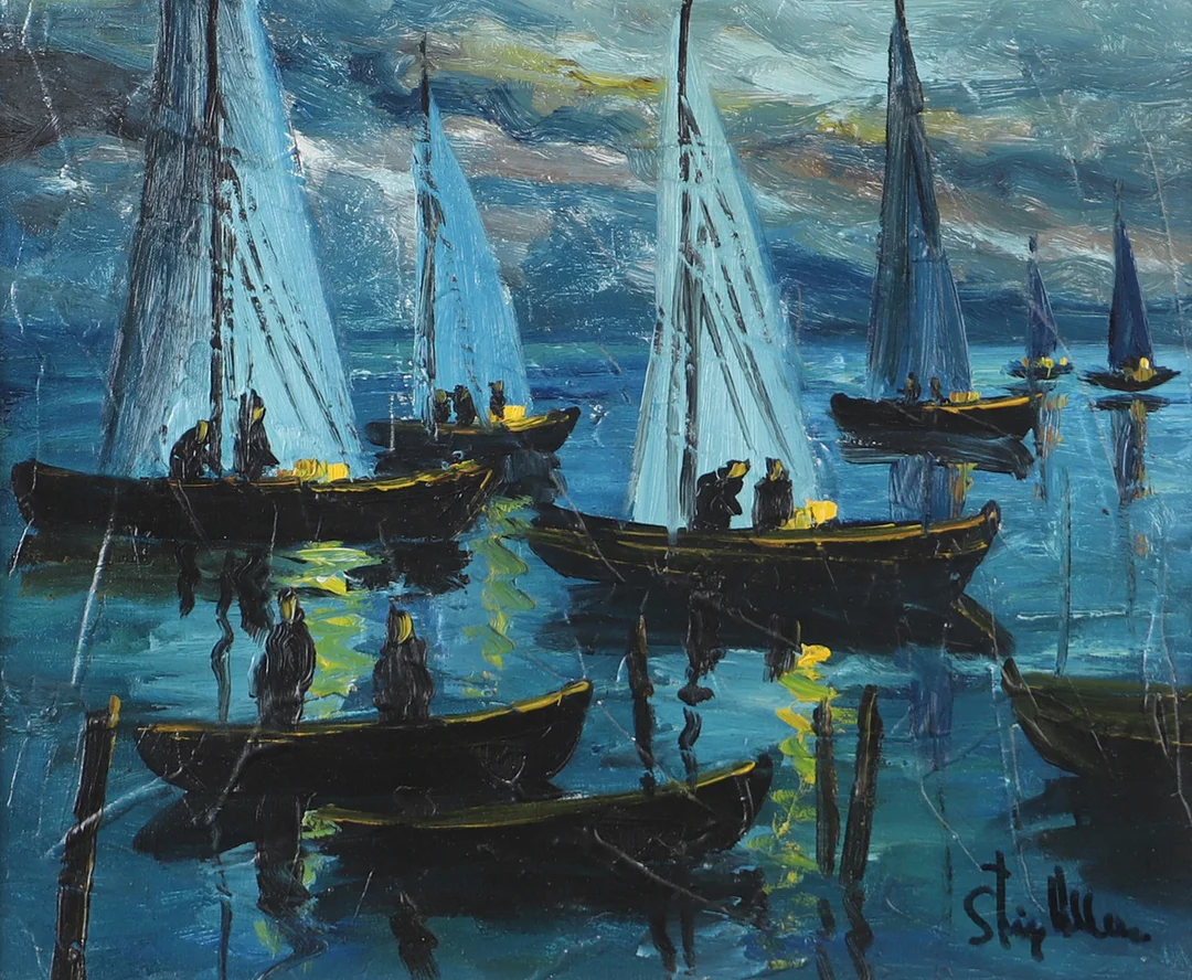 STIG ALLAN. "Segelregatta Borstahusen", olja på duk, signerad. — Paintings — Helsingborgs Auktionskammare