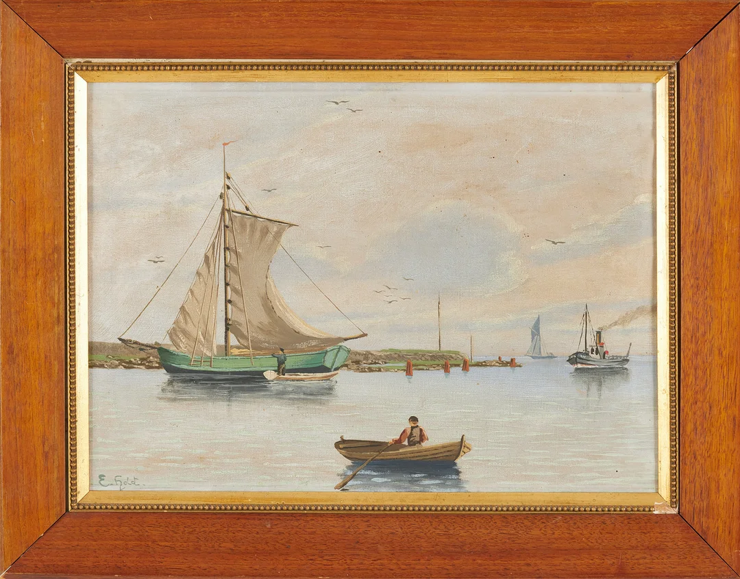OIDENTIFIERAD KONSTNÄR. Hamnmotiv, olja på duk, signerad E. Hold(t). — Paintings — Stockholms Auktionsverk Sickla