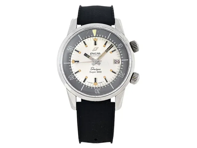 ENICAR, Sherpa, Super-DIVE 600 (T Swiss Made T), "Compressor Case", Cal AR 1145, Serie nr. 943240, Boett nr. 144-35-02 / 2342 / 12-66, herrur, 40 mm, stål, automatisk, plexiglas, datum, vridbar innerring, gummiband, ca 1966.