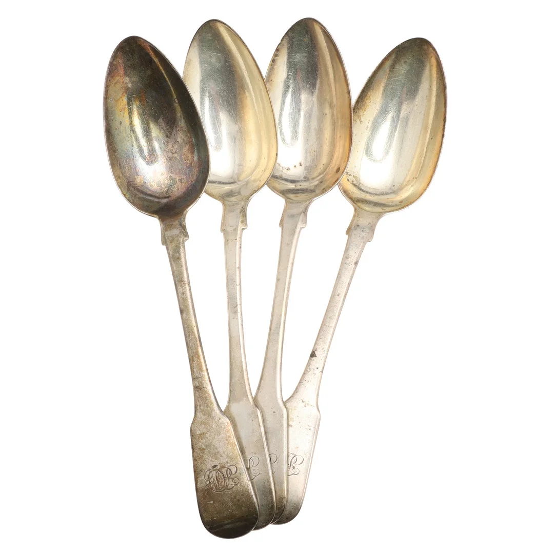 A SET OF FOUR GEORGE IV SCOTTISH SILVER FIDDLE PATERN TABLE SPOONS. — Silver — Lawrences Auctioneers