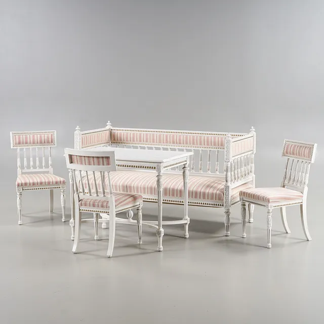 SALONGSMÖBEL Gustaviansk stil, 5 delar, rikt skuren dekor, omkring år 1900.