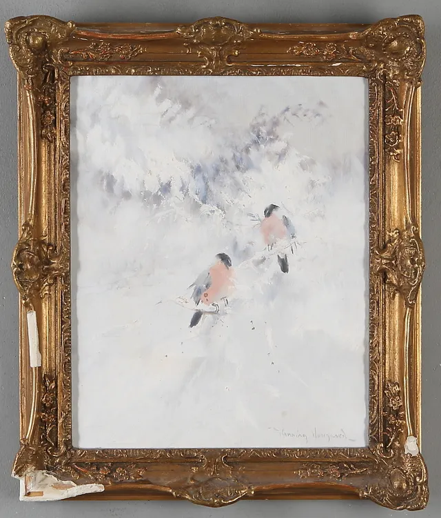 HENNING HOUGAARD. Vintermotiv med domherrar, olja på duk, signerad.