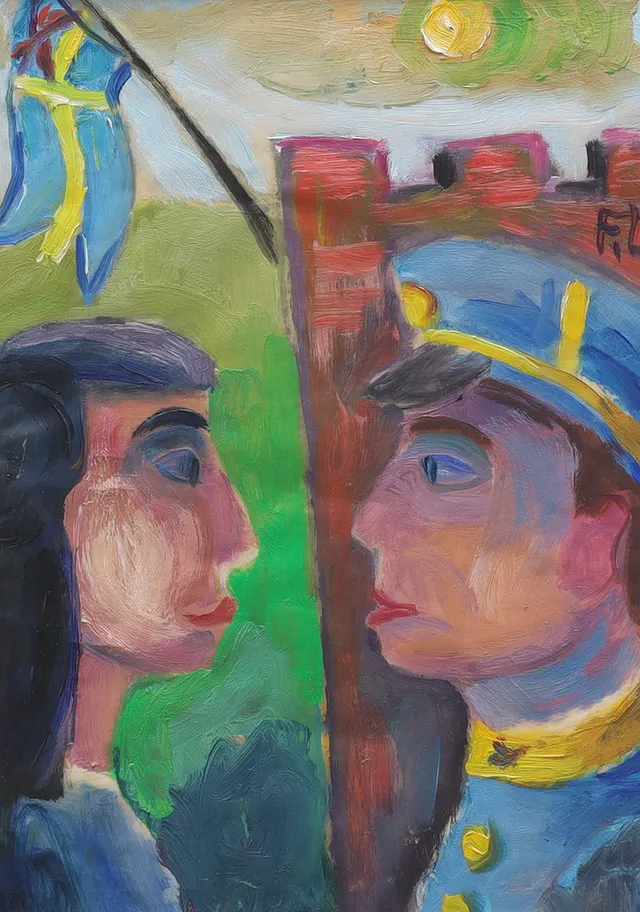 FRANS LARSSON. olja på papper, figurscen vid slott, monogramsignerad F.L.