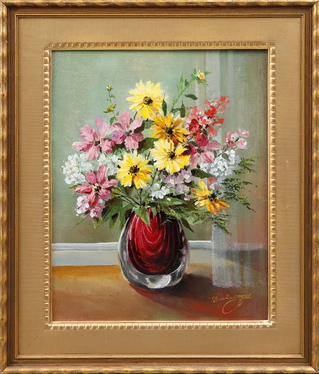 DAN LINDSTRAND. Blomsterstilleben, olja på duk, signerad.