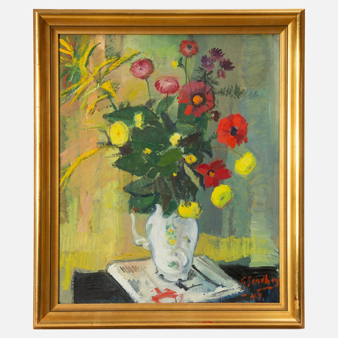 GOTTHARD SANDBERG. Olja på pannå, stilleben, signerad och daterad -49. — Paintings — Stockholms Auktionsverk Göteborg