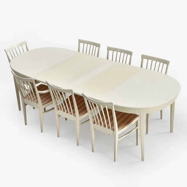 CARL MALMSTEN. Matgrupp, "Herrgården", Bodafors, 1960-tal. Brännmärkta. Bord, 4 stolar, 3 karmstolar, 3 iläggsskivor.