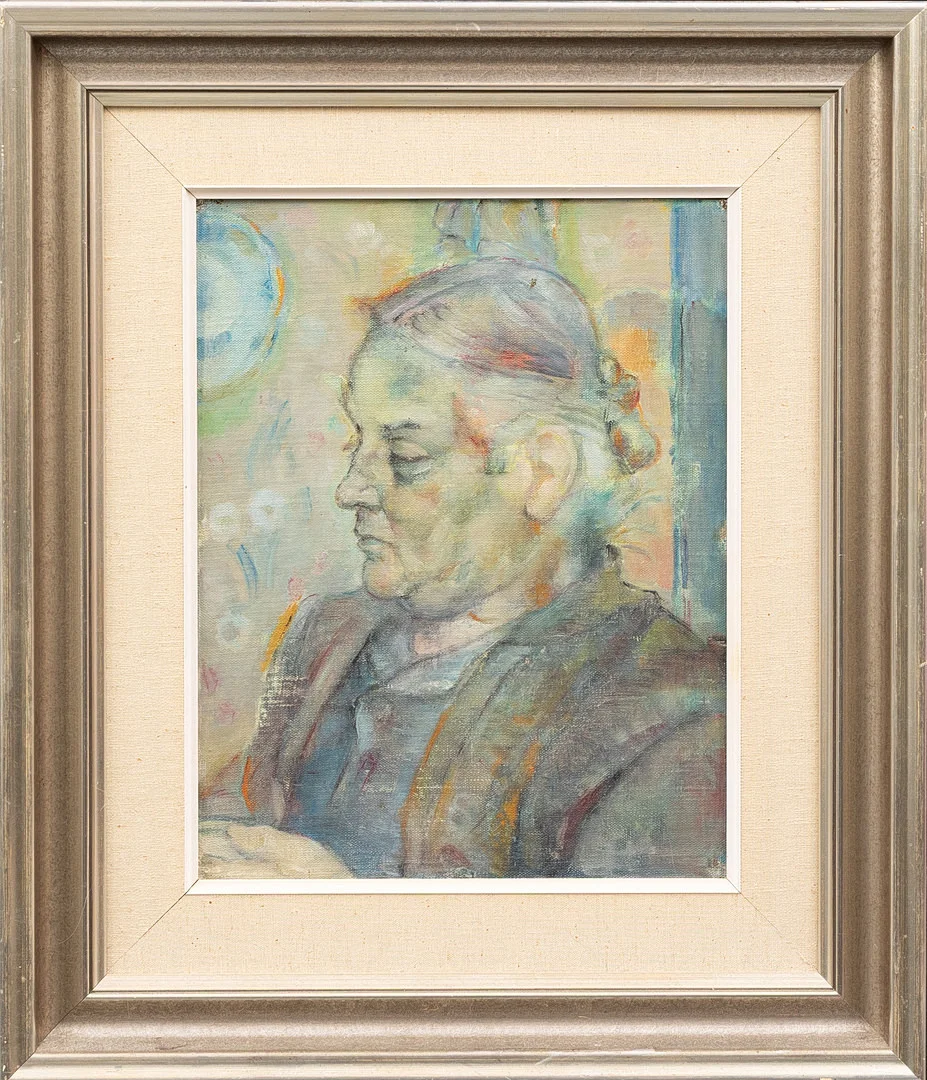 EMIL OLSSON. OLJA PÅ PANNÅ , "Faster Tina", osignerad. — Paintings — Höörs Auktionshall