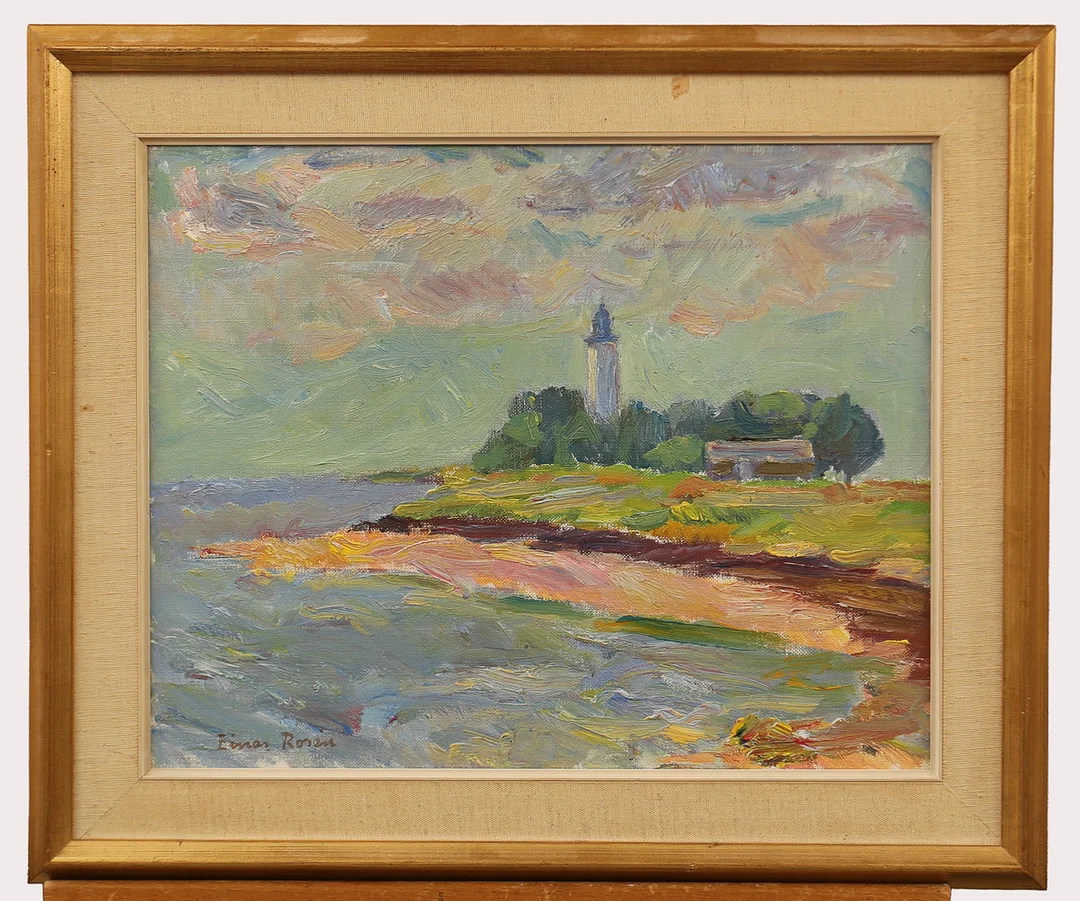EINAR ROSÉN. Olja på duk, kustmotiv, med skog och byggnad i bakgrunden, signerad. — Paintings — Limhamns Auktionsbyrå