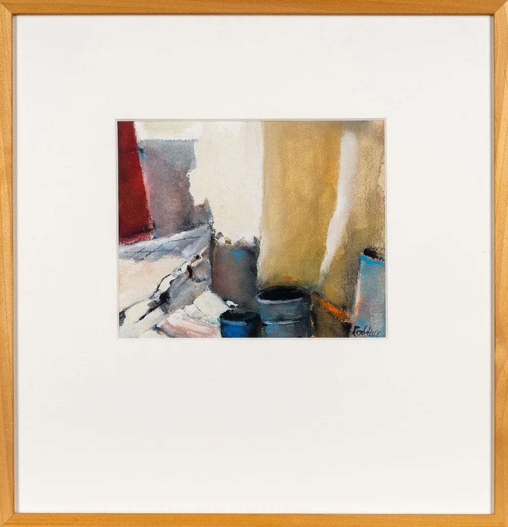 LISBETH LINDQVIST FORSBERG. Blandteknik på papper, "Trappa m. krukor, Bonnieux Provence, Signerad, 2006. — Paintings — Norrlands Auktionsverk