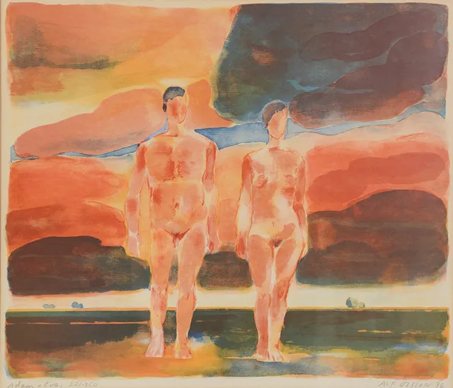 ALF OLSSON. "Adam o Eva", färglitografi, signerad & numrerad.