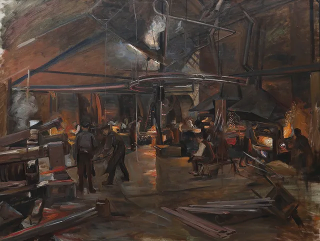 BRUNO HOPPE. TILLSKRIVEN. olja på duk, 141 x 106 cm, motiv av glasbruksmiljö, osignerad.