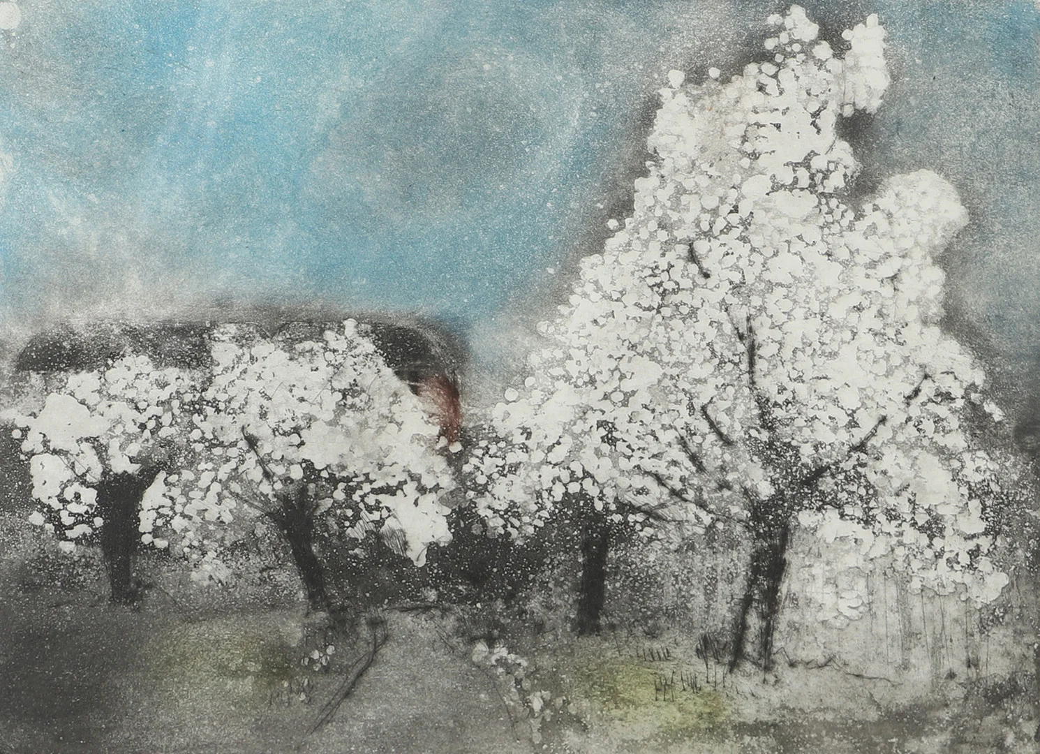 INGER KIHLMAN. Blommande träd, torrnål, signerad -92. — Engravings & Prints — Helsingborgs Auktionskammare