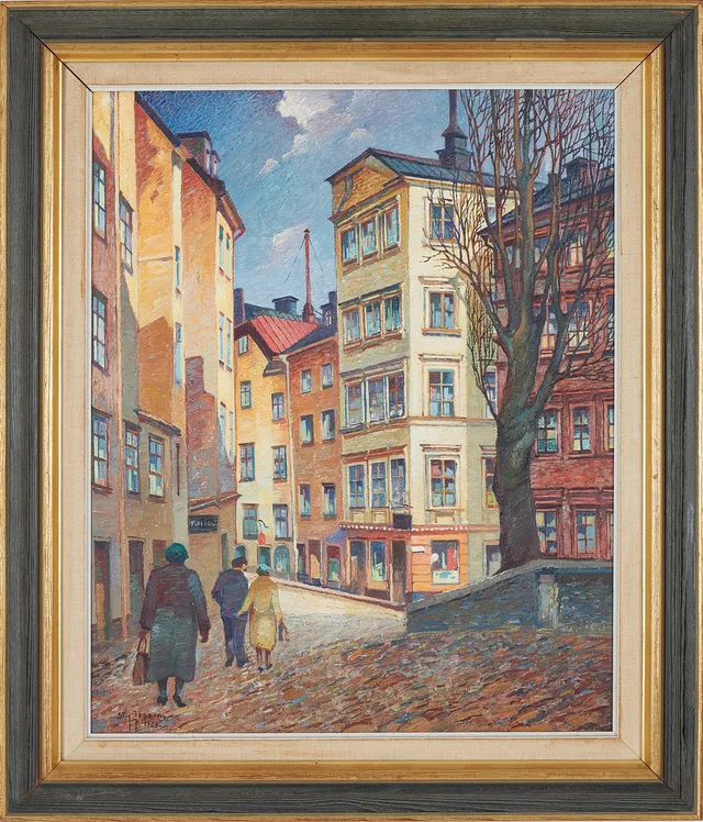 STIG JONZON. Stockholm, Gamla stan - Köpmantorget, olja på pannå, signerad och daterad 1963.