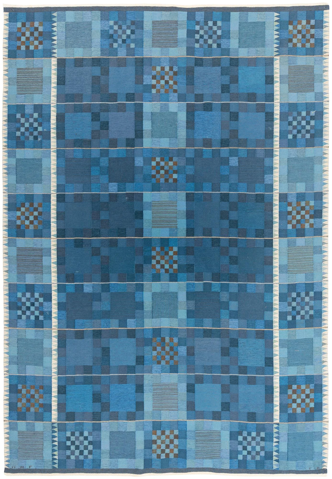 Ingrid Dessau, matta, "Blå rutor", rölakan, ca 413,5 x 289 cm, signerad MHF ID. — Bukowskis