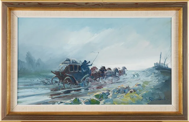 JERZY POTRZEBOWSKI (1921-1974). droska med springande hästar, olja på duk, signerad.