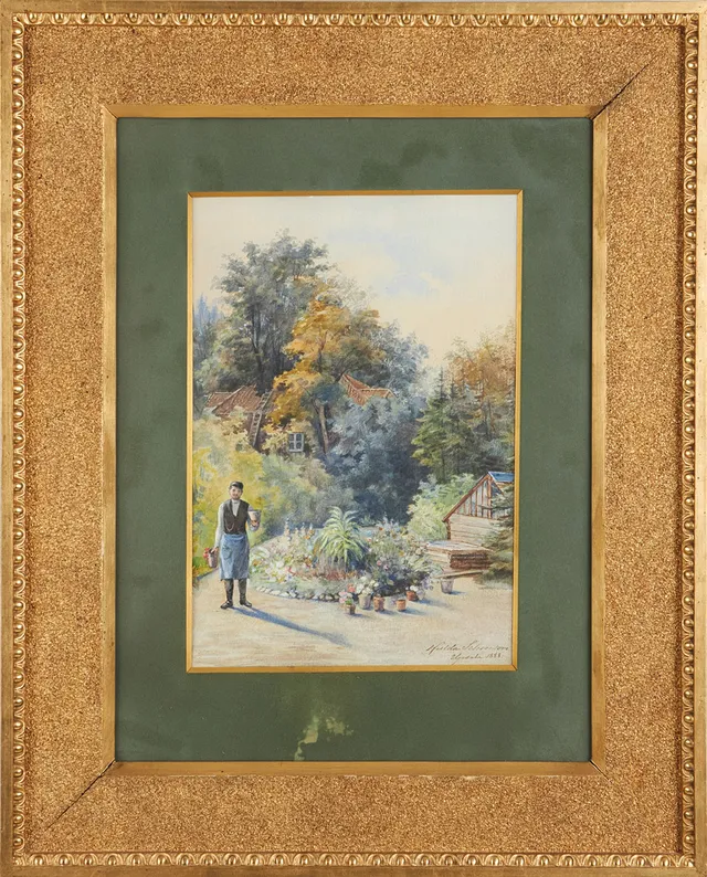 HULDA SCHENSON (1847-1940). Man i blandskog med bebyggelse, akvarell, signerad H. Schenson, Upsala,1888.