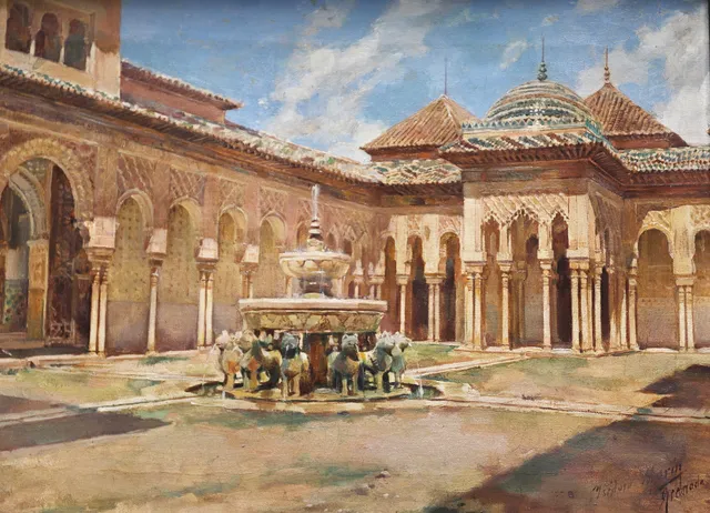ISIDORO MARIN GARCES (1863-1926). PATIO DE LOS LEONES. ÓLEO SOBRE LIENZO.