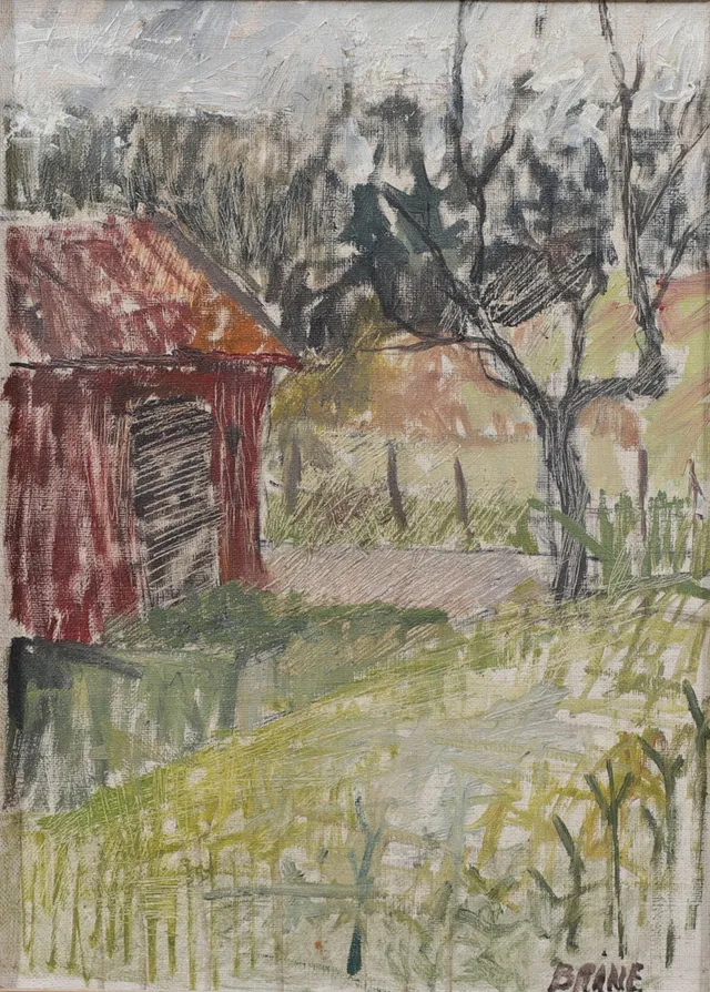 BARBRO BRÅNE. Uthus på landet, olja på duk, signerad.