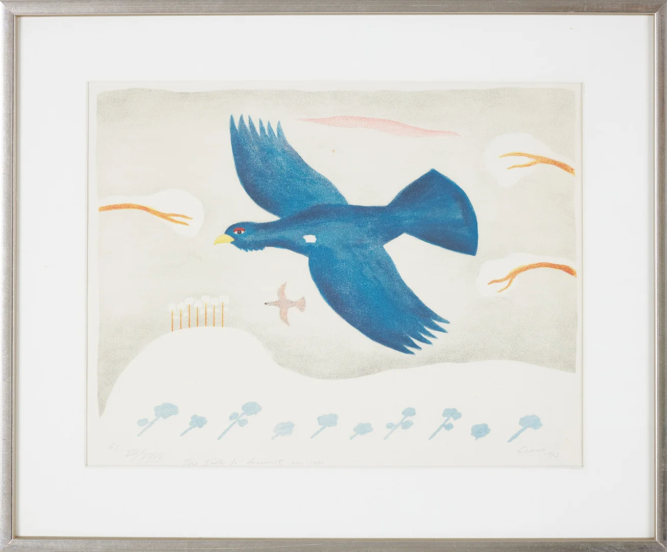 LENNART GRAM. Flygande fåglar, färglitografi, signerad samt daterad 1977, numrerad H.C. VIII/XXXV, med dedikation. — Engravings & Prints — Stockholms Auktionsverk Sickla