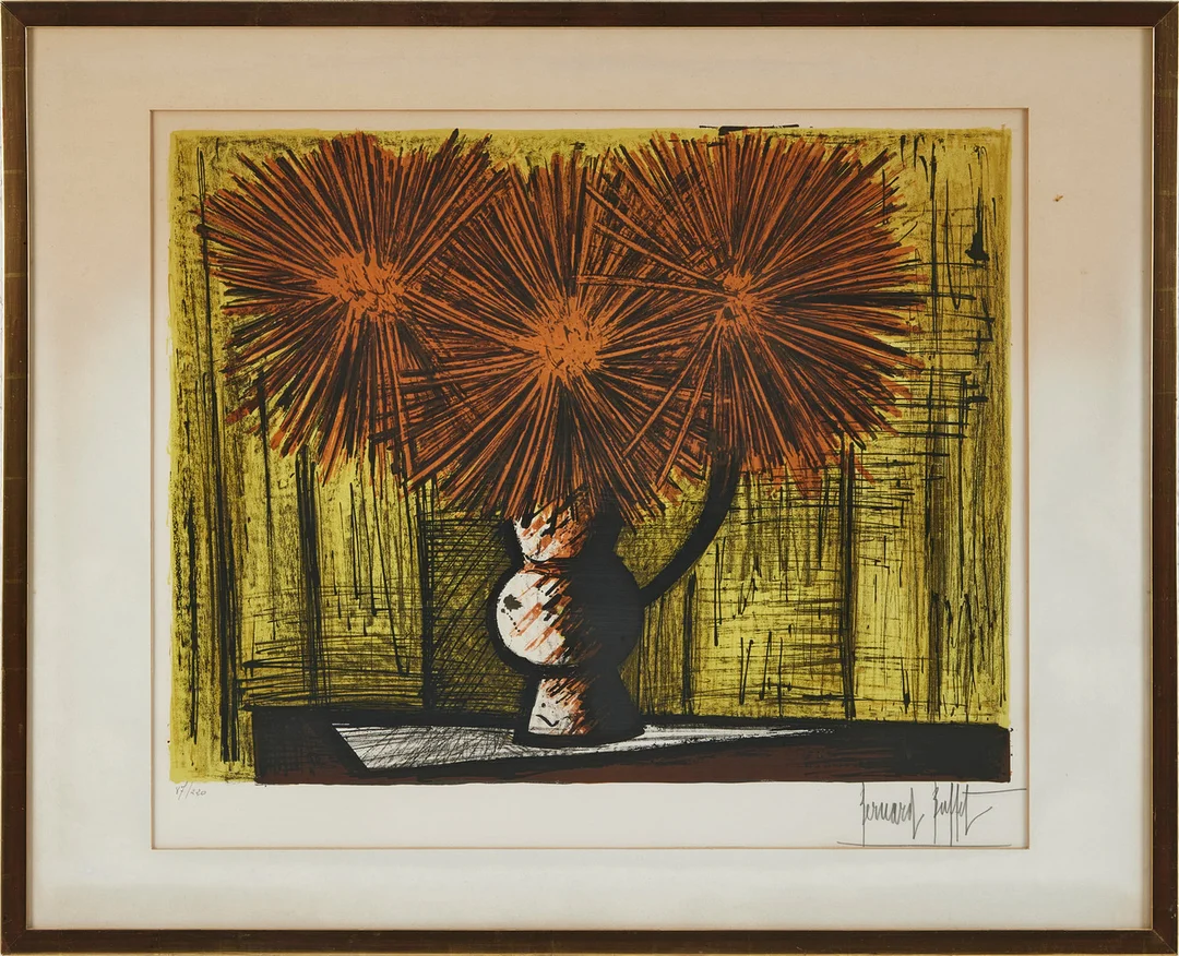 BERNARD BUFFET. "Les Dahlias sur Fond Jaune", 1962, signerad och numrerad, färglitografi. — Engravings & Prints — Stockholms Auktionsverk Magasin 5