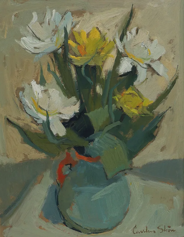 CARSTEN STRÖM. Olja på pannå, blomsterstilleben, signerad, 1900-tal.