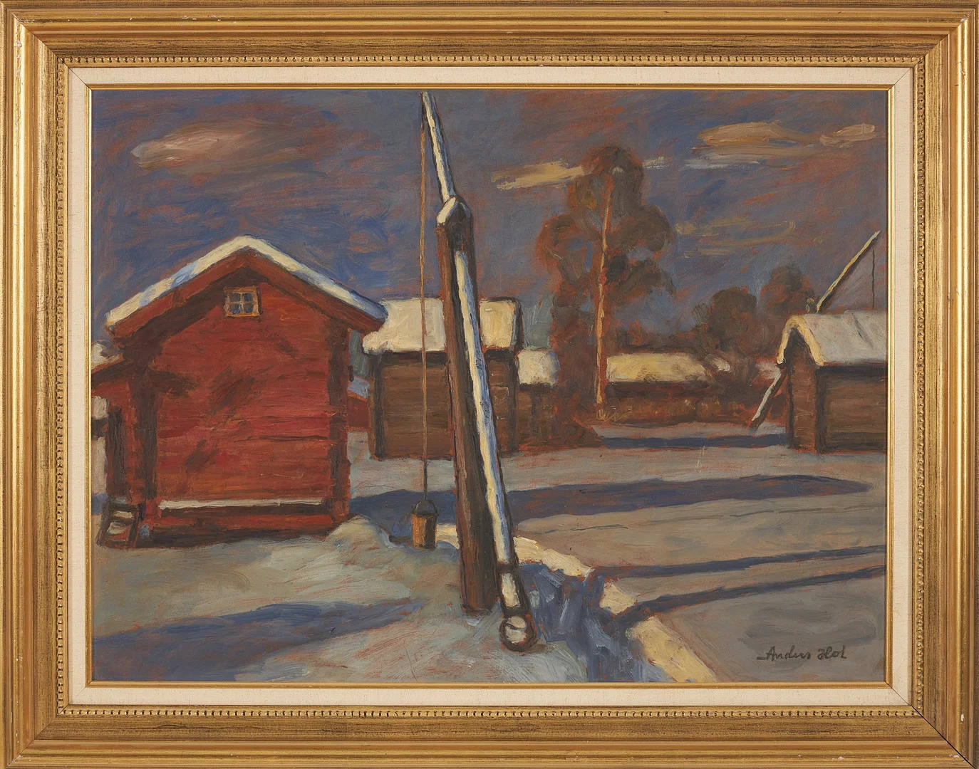 ANDERS HOL (1867-1956). Hus i vinterskrud, olja på pannå, signerad. — Paintings — Stockholms Auktionsverk Sickla