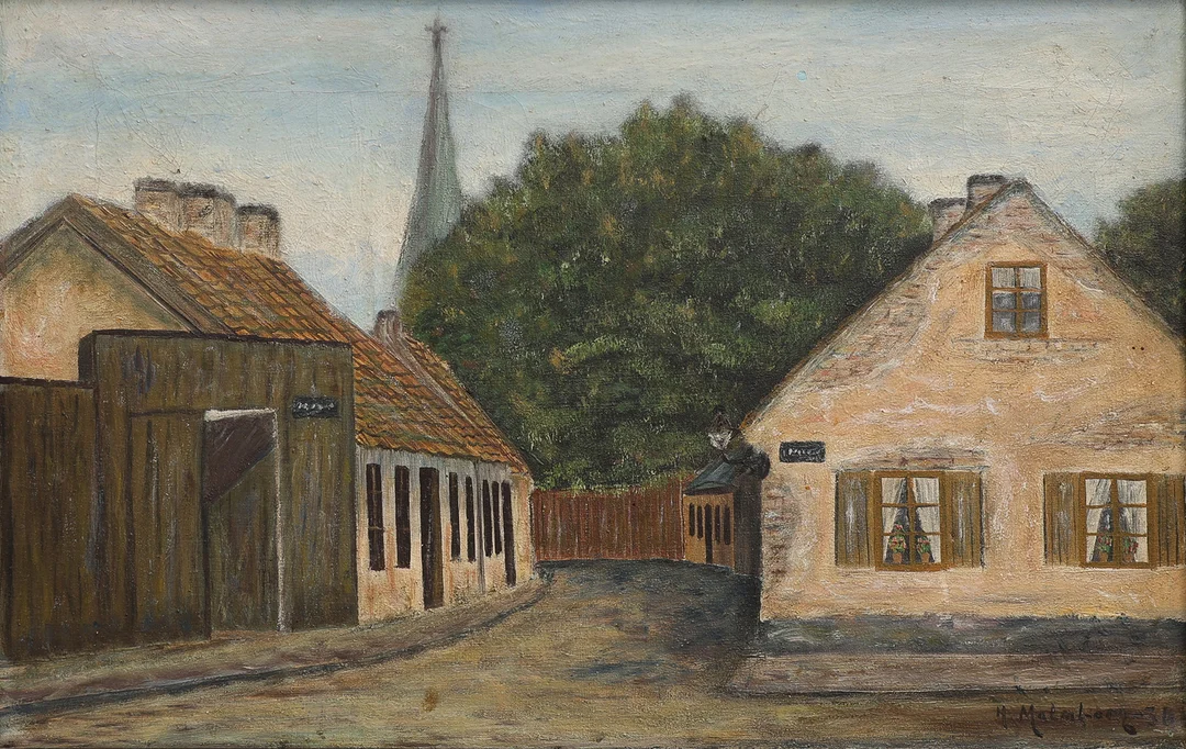 OIDENTIFIERAD KONSTNÄR. LUND, GATUVY, FRÅN ALLHELGONAKYRKANS TORN, SIGNERAD H. MALMBORG, DATERAD -36. — Paintings — Crafoord Auktioner Lund
